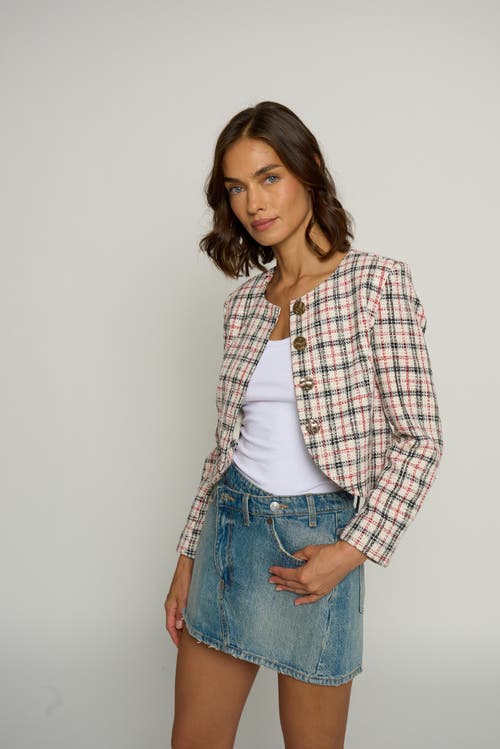Central Park West Plaid Big Button Collarless Jacket
