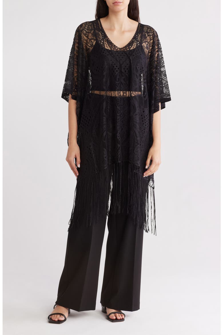 Fringe Hem Lace Poncho, Main, color, BLACK