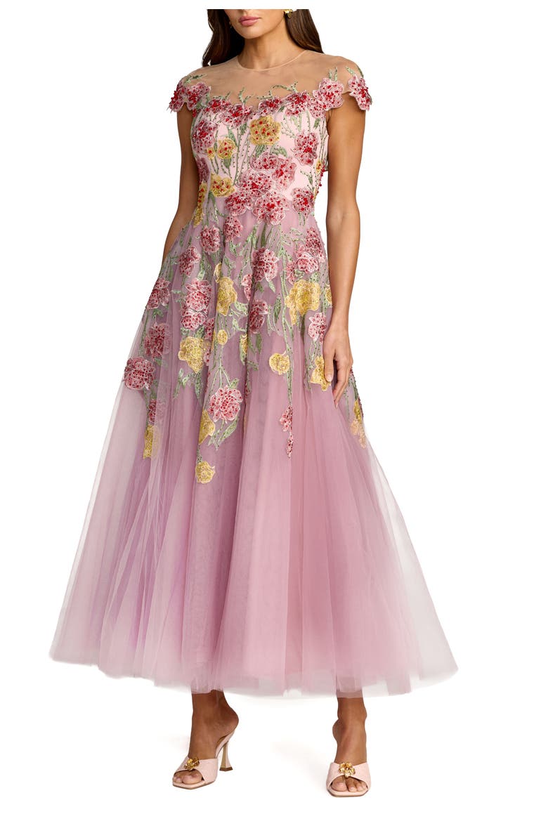 Mac Duggal Embroidered Mesh Illusion Neck Cap Sleeve Dress, Main, color, Mauve Multi