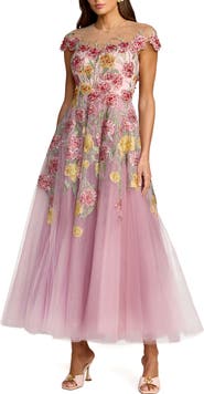 Mac Duggal Embroidered Mesh Illusion Neck Cap Sleeve Dress