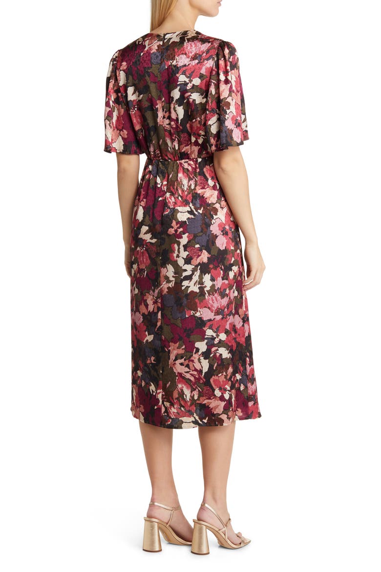 Flora Print Flutter Sleeve Faux Wrap Dress, Alternate, color, KELP COMBO