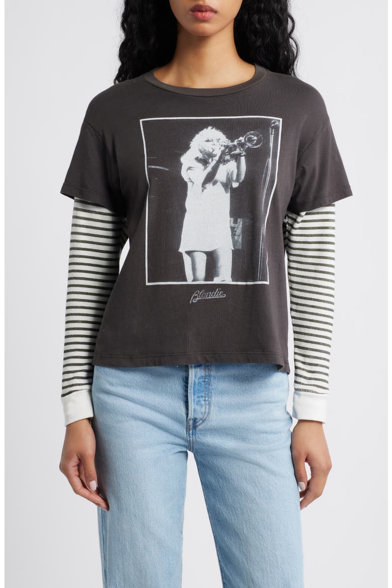 Blondie Debbie Trumpet Photo Cotton Graphic T-Shirt, Main, color, WASHED BLACK
