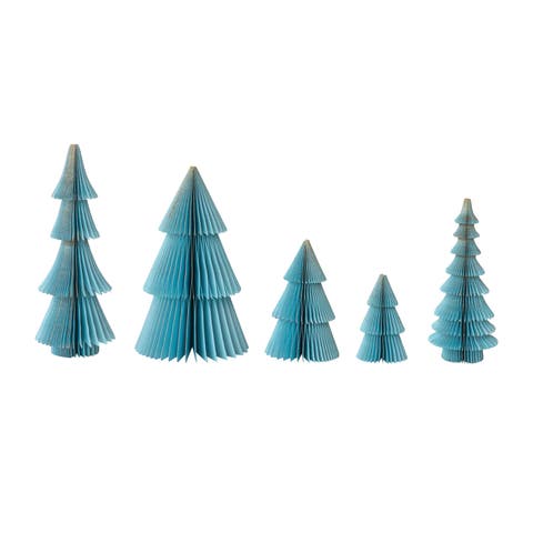 Paper Folding Honeycomb Trees with Gold Glitter, Blue, Set of 5