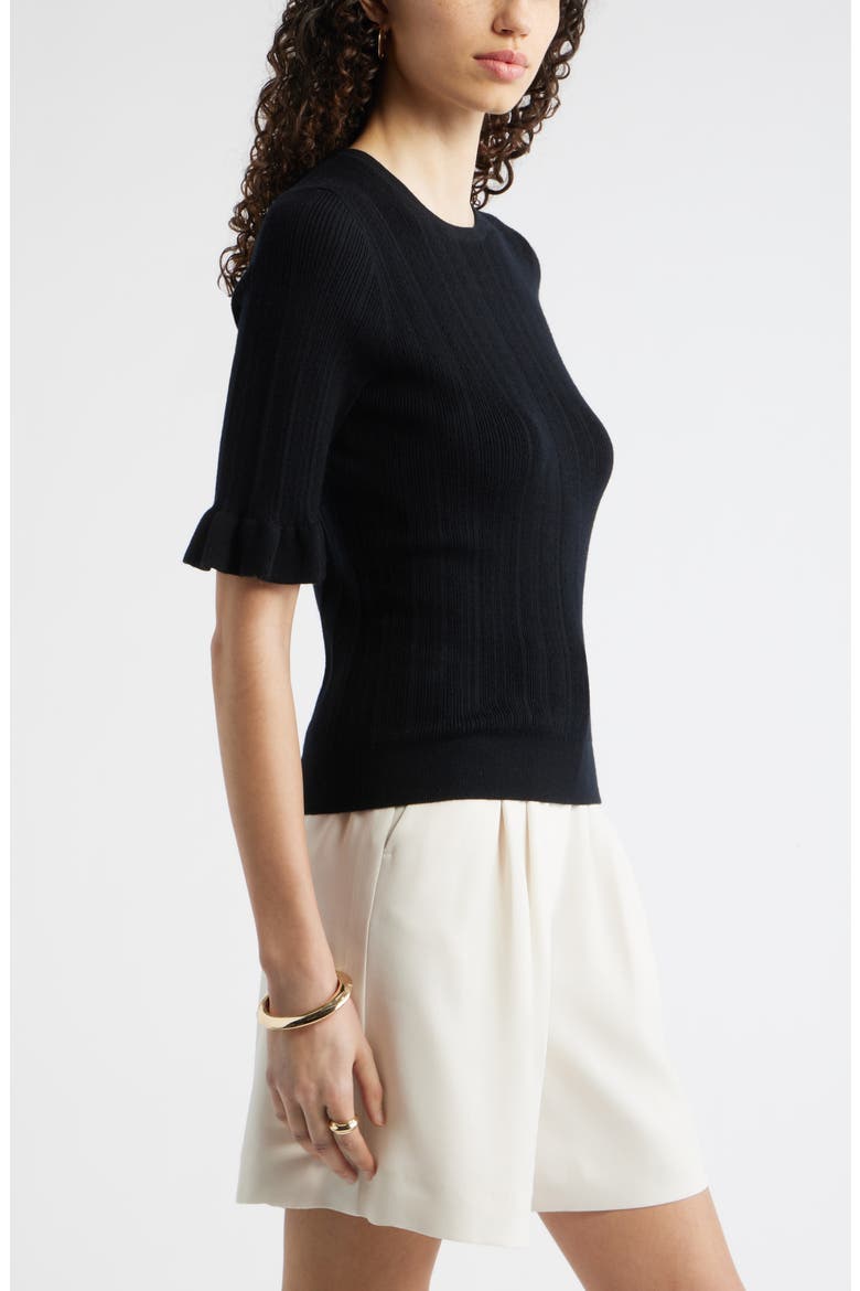 Pointelle Wool Blend Crewneck Sweater, Alternate, color, BLACK
