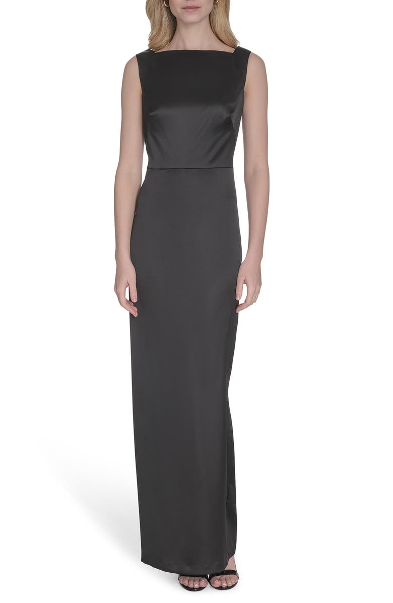 Vince Camuto Cowl Back Square Neck Satin Column Gown, Main, color, Black