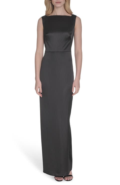 Cowl Back Square Neck Satin Column Gown