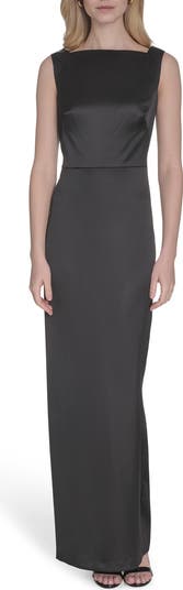 Cowl Back Square Neck Satin Column Gown