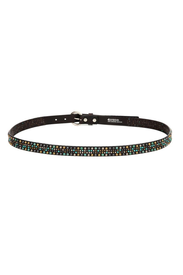 Amazonite Genuine Leather Studded Stitched Detail Belt, Alternate, color, Coffee