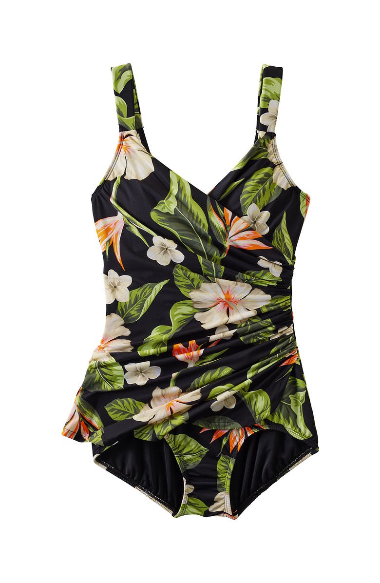 Lands' End SlenderSuit V-Neck Skirted Low Leg One Piece, Alternate, color, Hibiscus Floral/Black