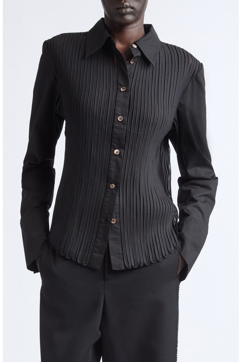 Mito Bias Tape Cotton Button-Up Shirt, Main, color, BLACK