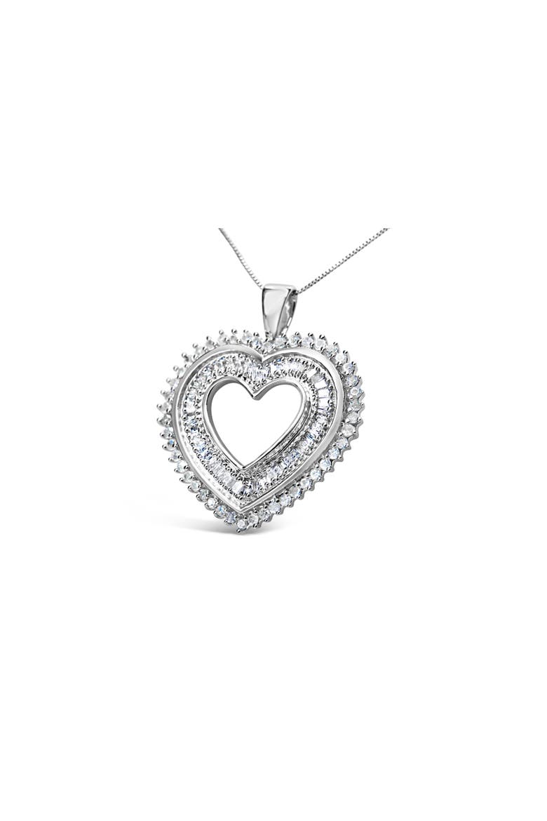 Silver 1.0 Cttw Baguette and Round Diamond Heart Pendant Necklace, Alternate, color, White