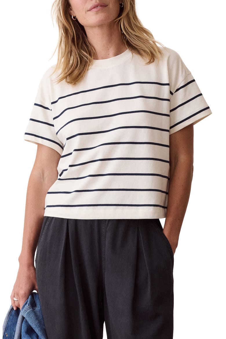 Miracle Jersey Striped Crewneck T-Shirt, Main, color, ANTIQUE WHITE AND NAVY STRIPE