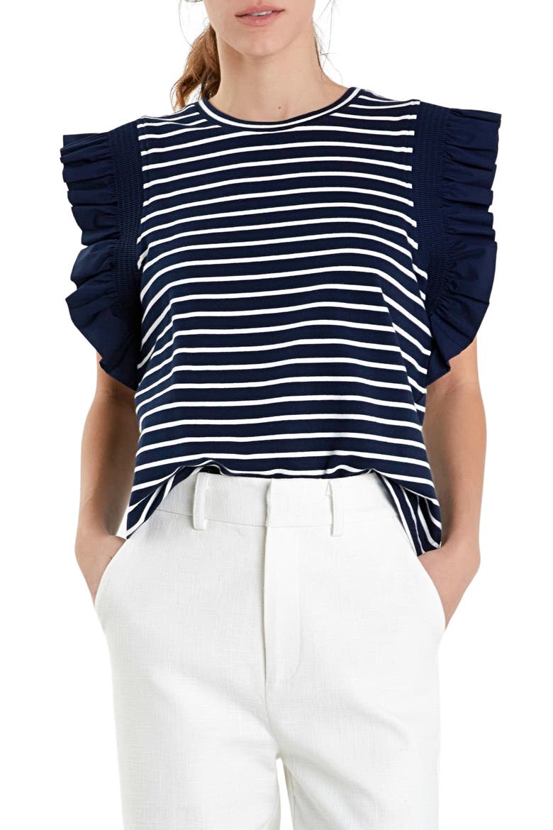 Stripe Flutter Sleeve T-Shirt, Alternate, color, NAVY/ WHITE