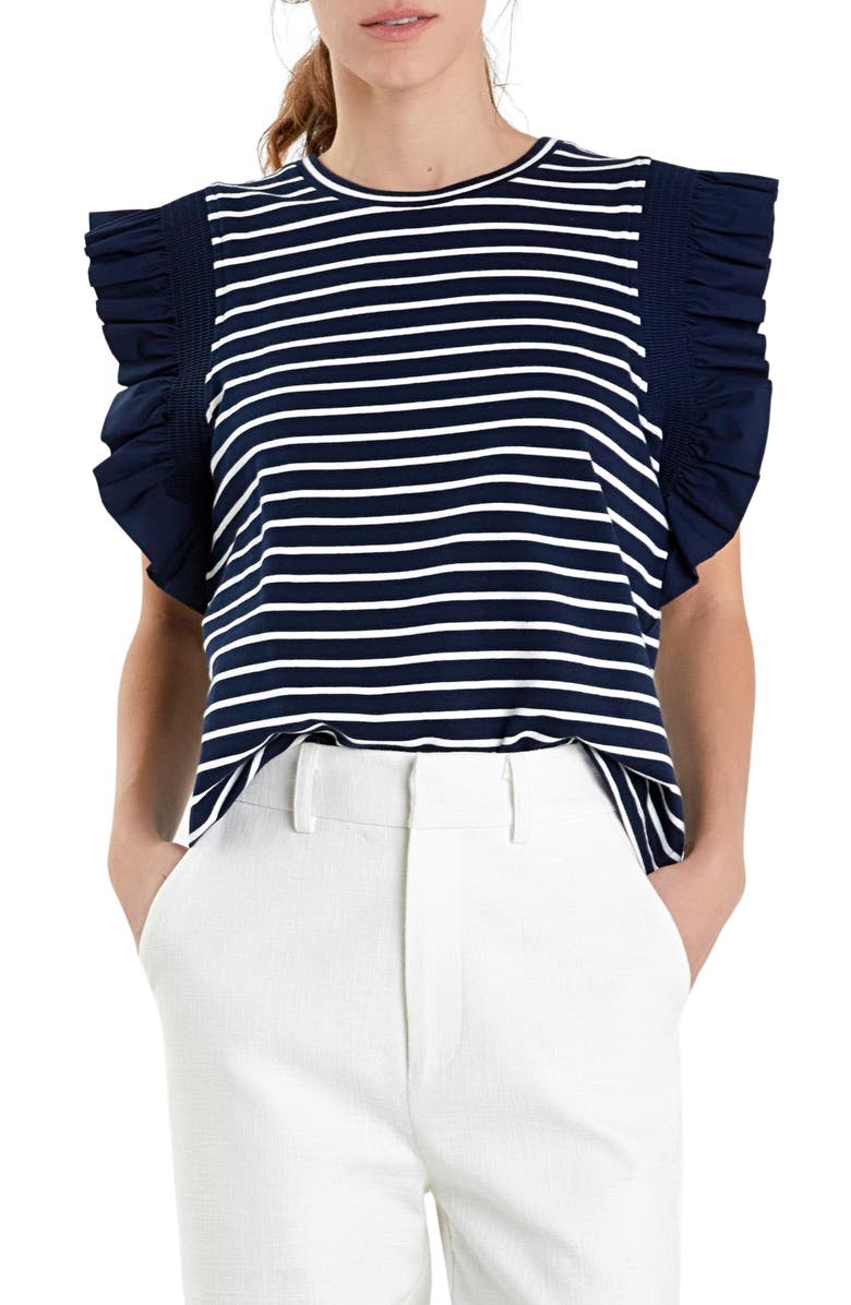 English Factory Stripe Flutter Sleeve T-Shirt, Alternate, color, Navy/ White