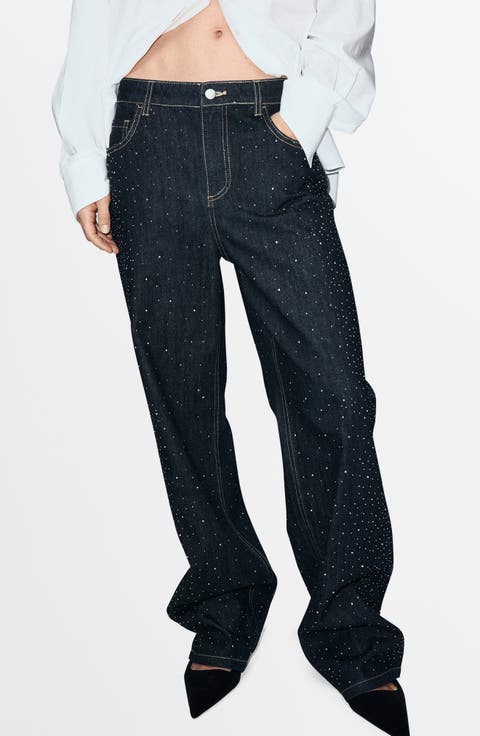 Rhinestone Embellished Straight Leg Jeans (Open Blue)