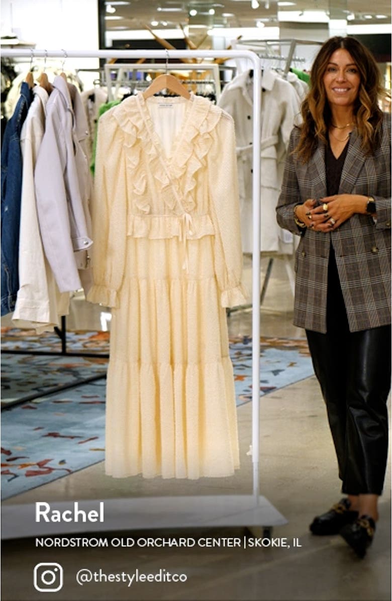 Ruffle Clip Dot Long Sleeve Chiffon Midi Faux Wrap Dress, sales video thumbnail