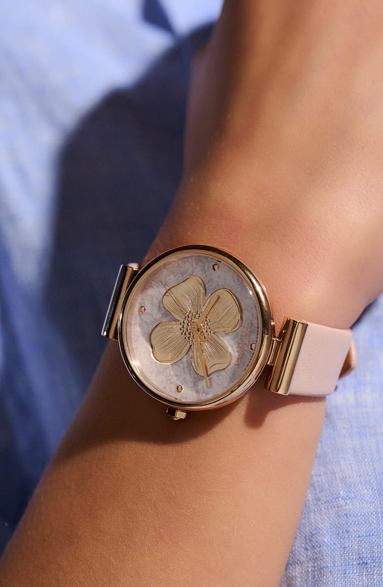 Olivia Burton Dogwood T-Bar Leather Strap Watch, 36mm, Alternate, color, Silver White