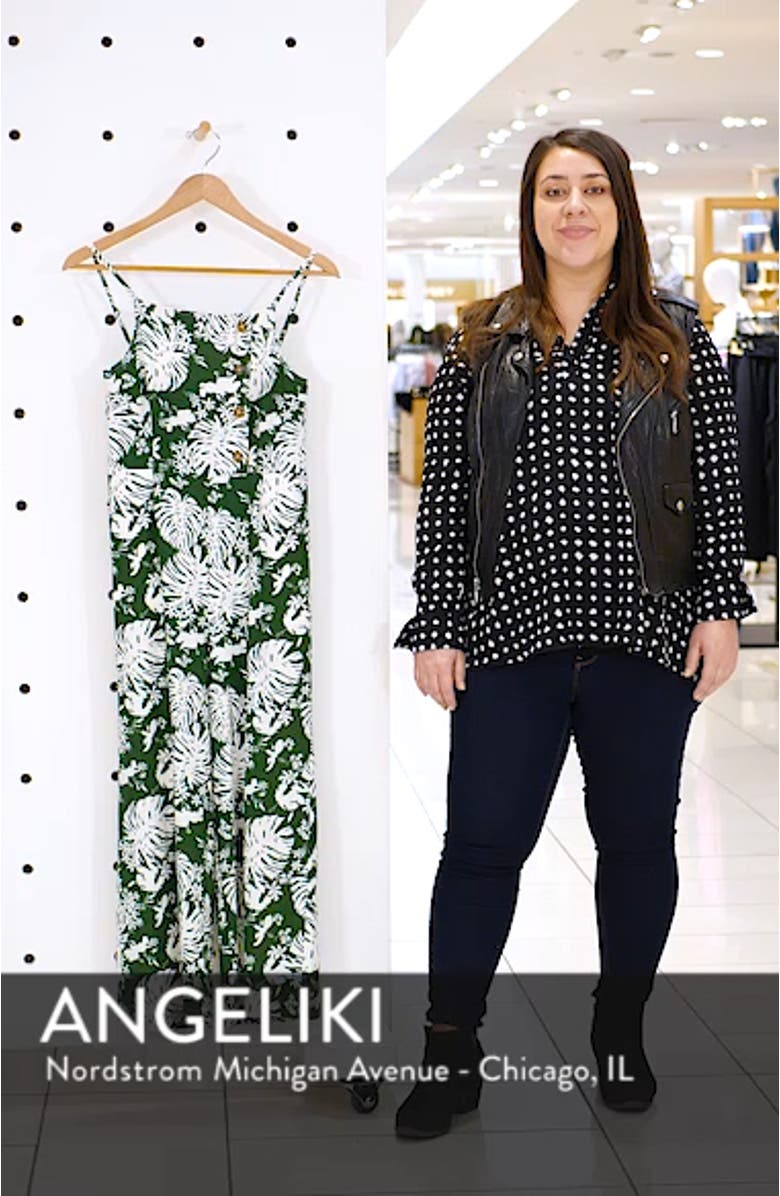 Leaf Print Side Button Linen Blend Crop Jumpsuit, sales video thumbnail