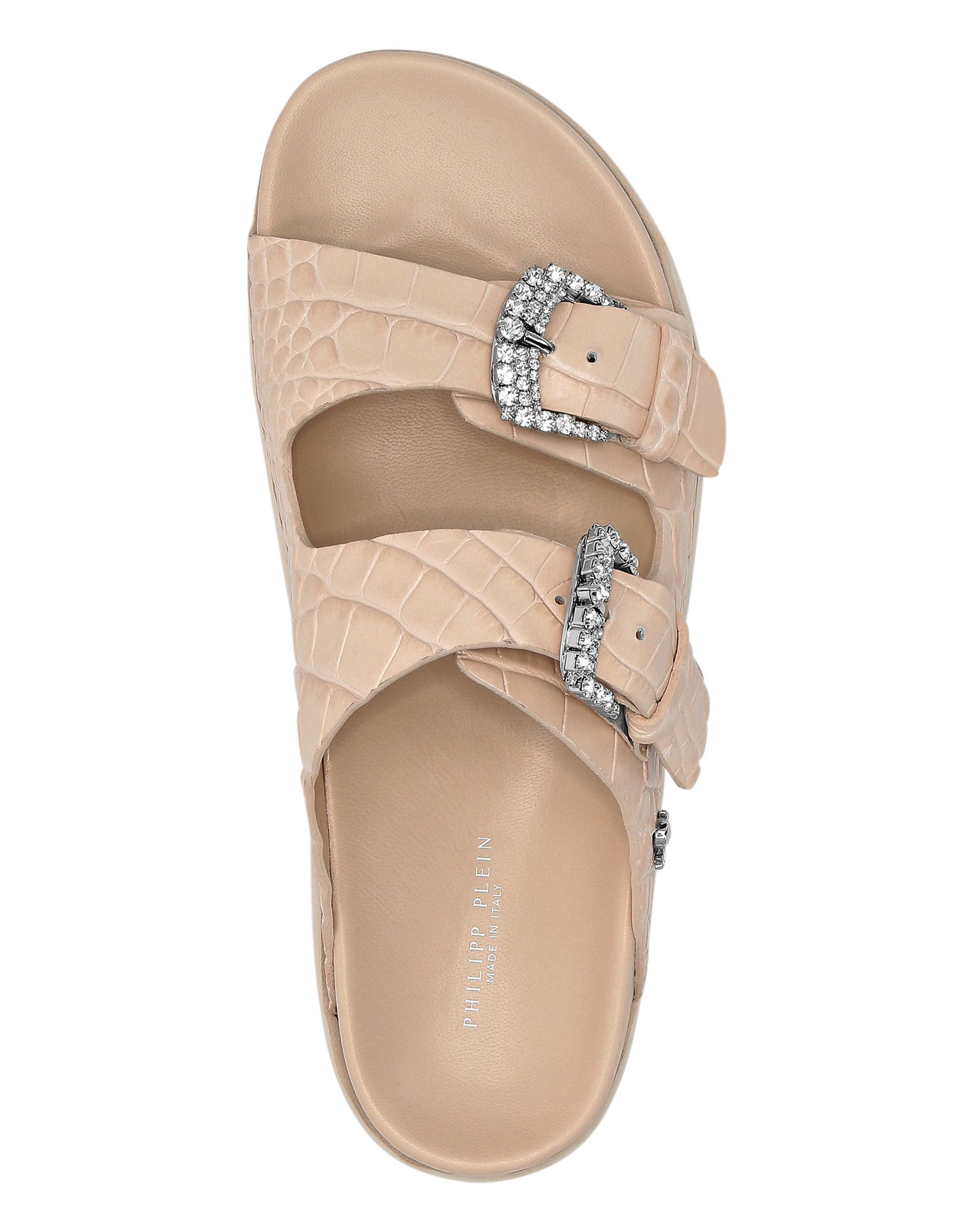 Croco Printed Leather Sandals Flat Crystal Women, Alternate, color, nudepink