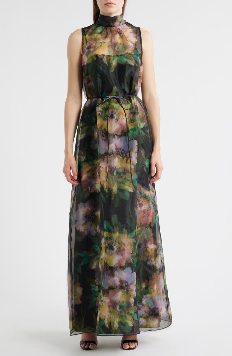 Julia Jordan Tie Neck Organza Cocktail Dress, Main, color, Black Multi