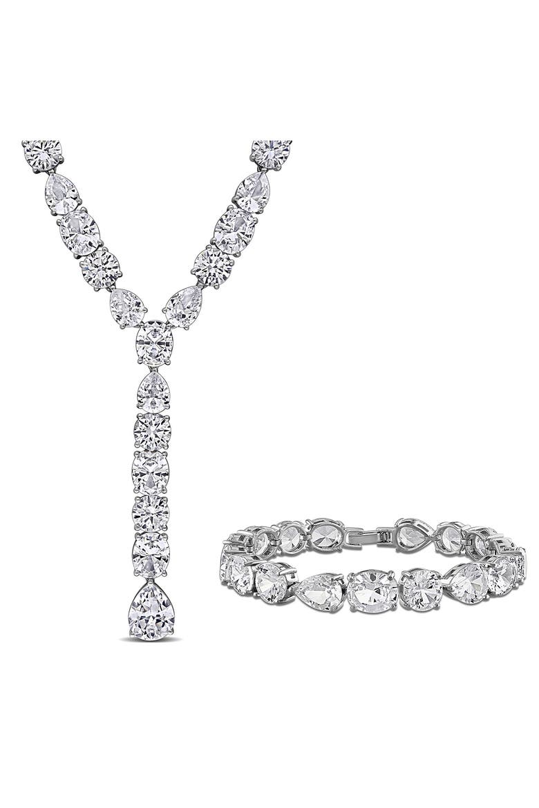 Lab Grown White Sapphire Necklace & Bracelet Set, Main, color, SILVER
