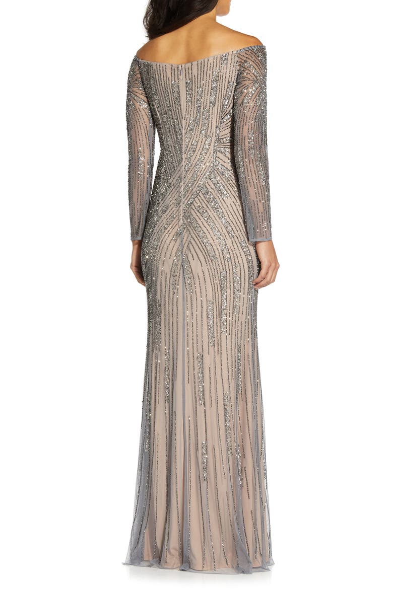 Beaded Long Sleeve Off the Shoulder Mermaid Gown, Alternate, color, STERLING