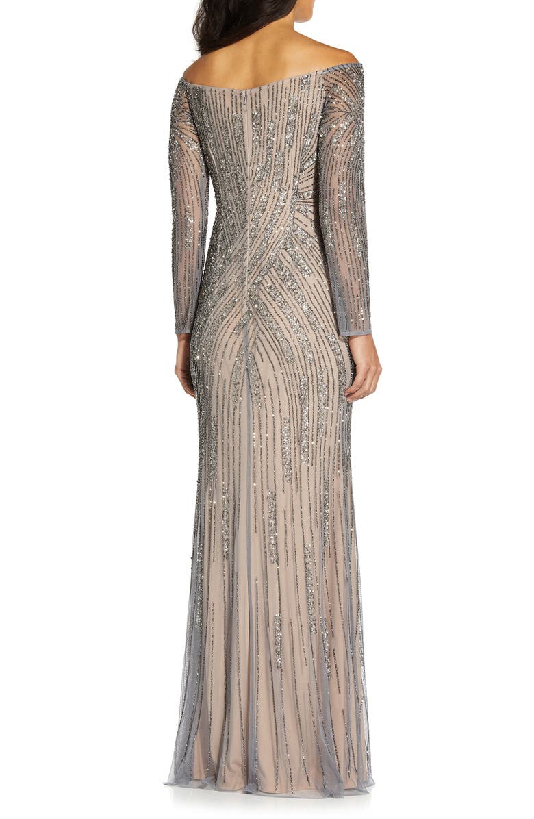 Adrianna Papell Beaded Long Sleeve Off the Shoulder Mermaid Gown, Alternate, color, Sterling