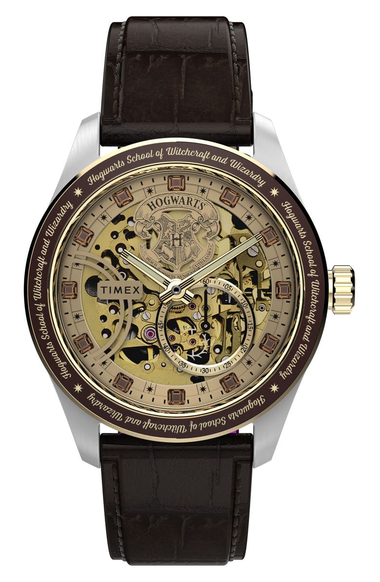 Timex<sup>®</sup> Harry Potter x Timex Waterbury Skeleton Automatic 39mm Leather Strap Watch, Main, color, Silver/ Gold Tone