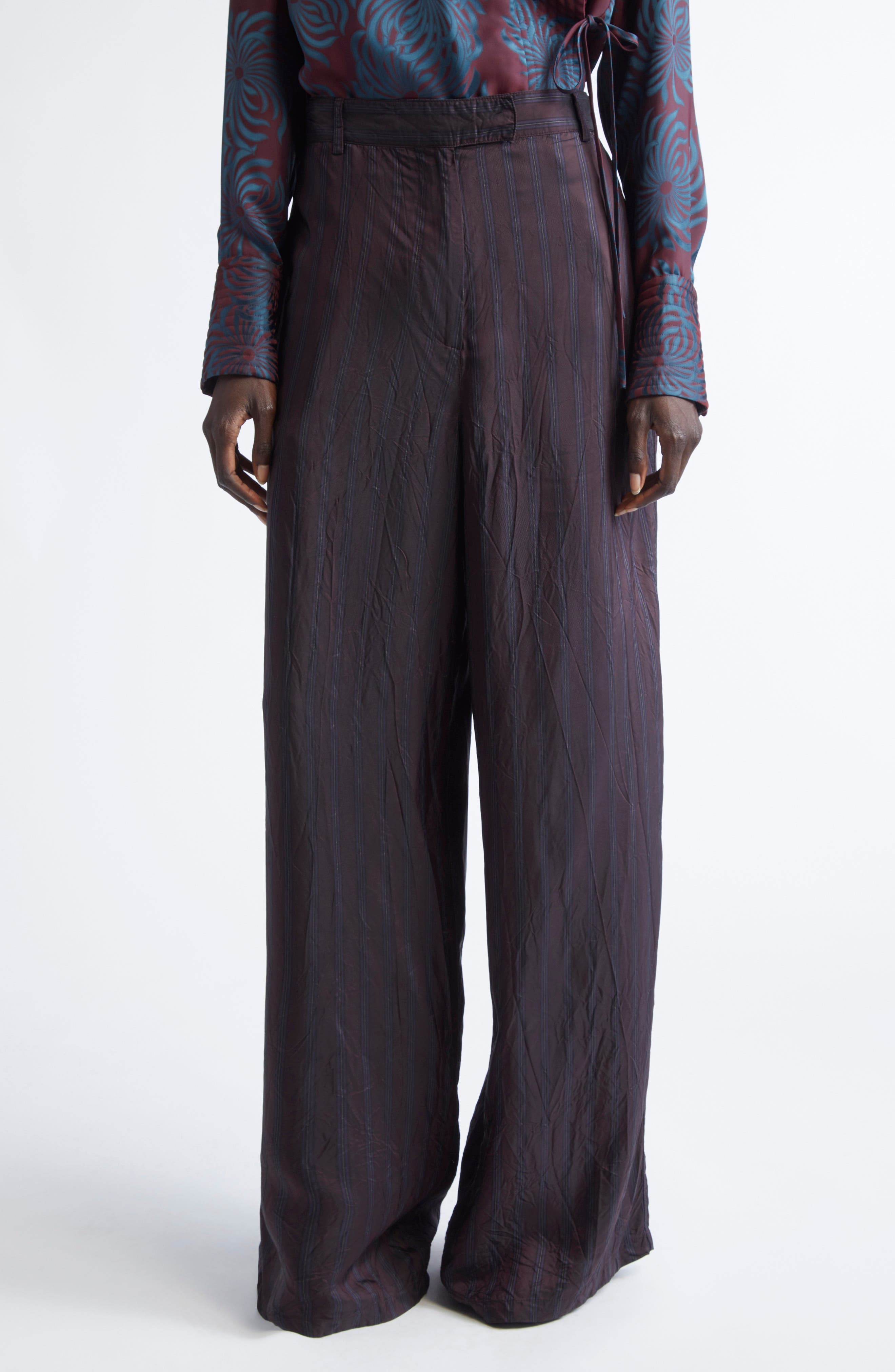 Dries Van Noten Peen Crinkled Stripe Cupro Wide Leg Pants (Women