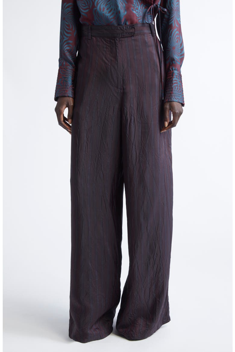 Peen Crinkled Stripe Cupro Wide Leg Pants, Main, color, BURGUNDY