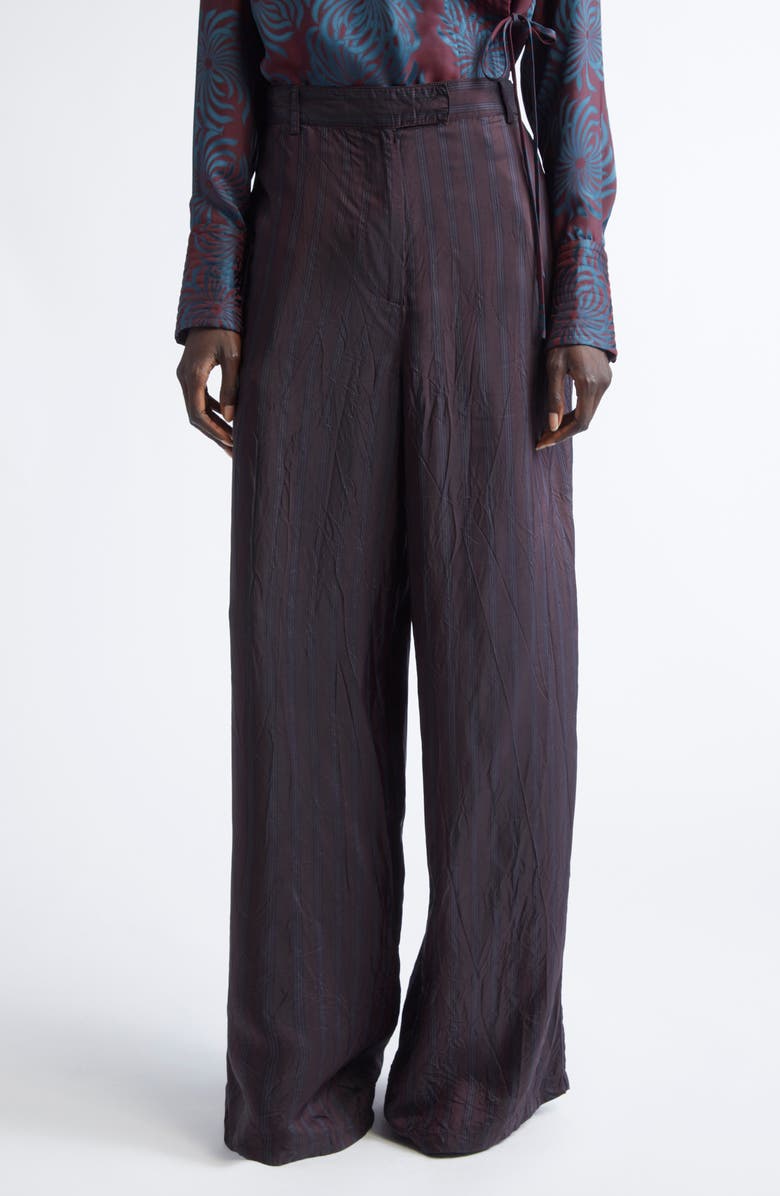 Dries Van Noten Peen Crinkled Stripe Cupro Wide Leg Pants, Main, color, Burgundy