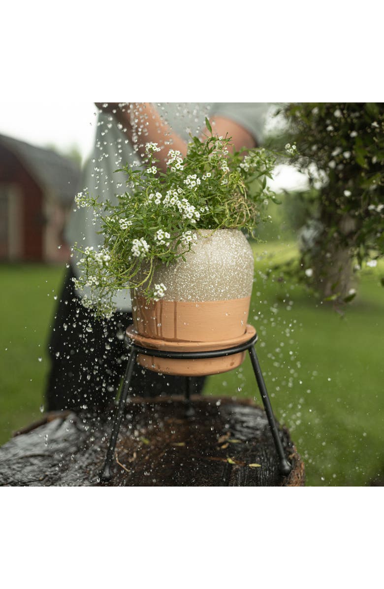 Foreside Home and Garden Splatter Planter Saucer & Stand Black Metal & Tan Terracotta, Alternate, color, Beige