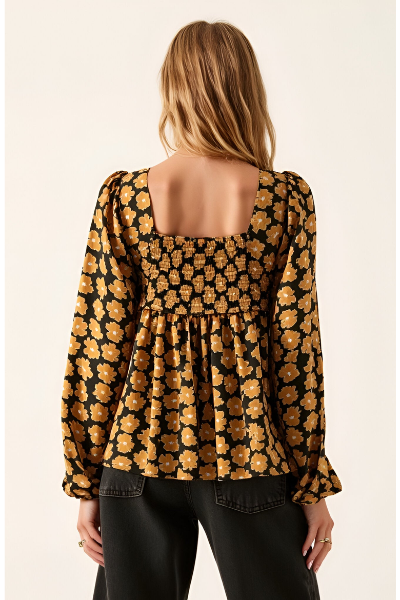 Floral Print Smocked Bodice Long Sleeve Top with Square Neckline, Alternate, color, Floral Print