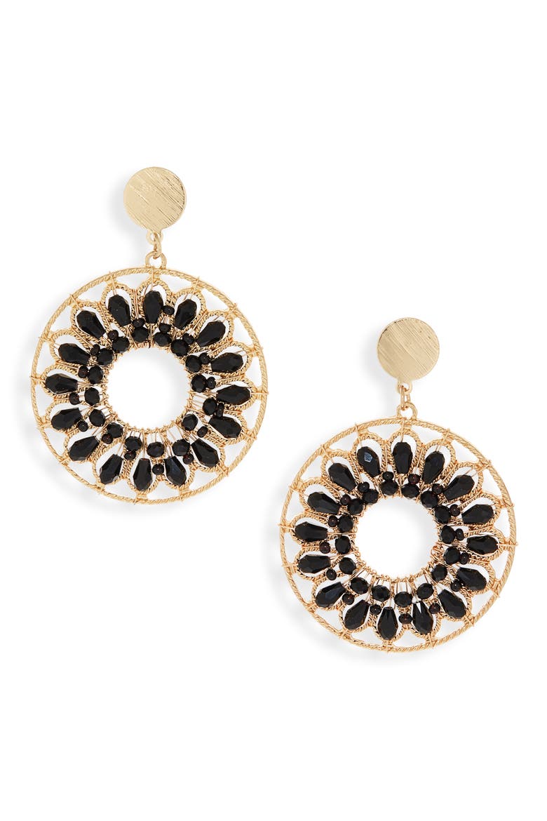 Beaded Frontal Hoop Earrings, Main, color, BLACK