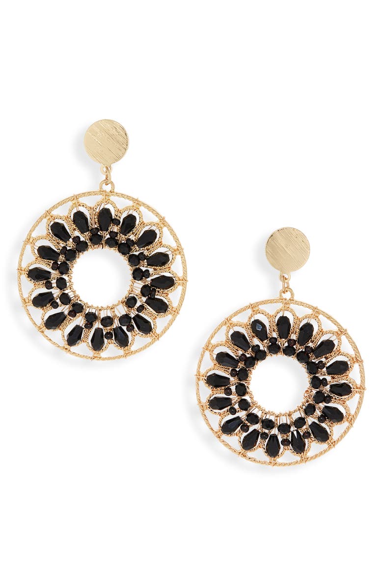 Cara Beaded Frontal Hoop Earrings, Main, color, Black