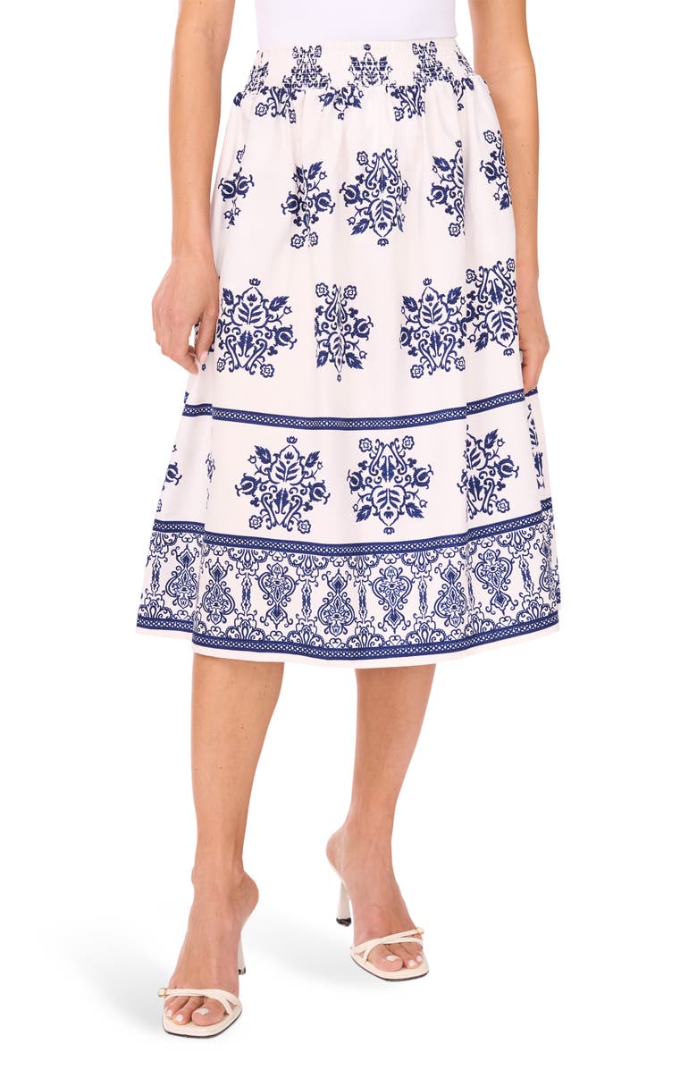 CeCe Embroidered Medallion Cotton Skirt, Main, color, Classic Navy