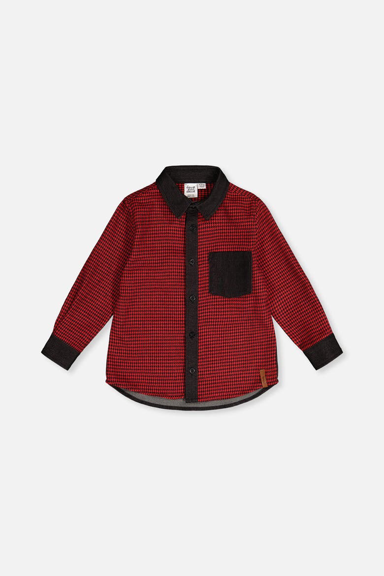 Button Down Houndstooth Chambray Detail Shirt, Main, color, Black and Red Houndstooth