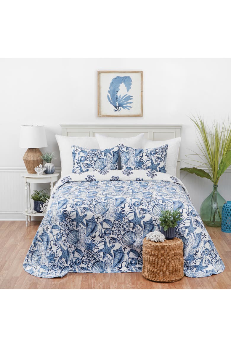 Blue Coast Shells Queen Reversible Bedspread, Alternate, color, Blue