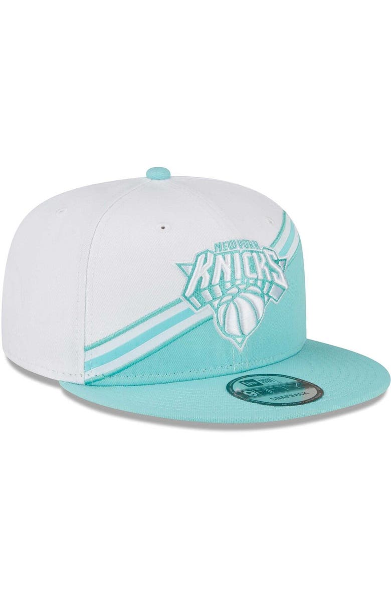 New Era Men's New Era White/Turquoise New York Knicks Diagonal Split 9FIFTY Snapback Hat, Alternate, color, 