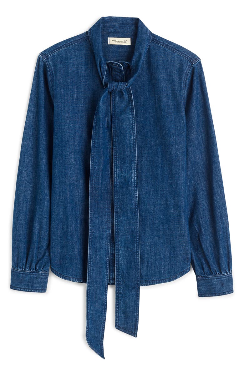 Madewell Tie Neck Denim Button-Up Shirt, Alternate, color, Plumville Wash