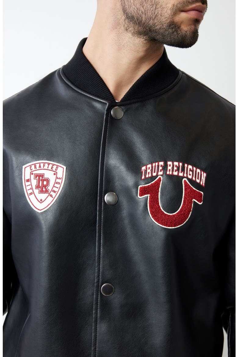 Faux Leather Varsity Jacket, Alternate, color, JET BLACK