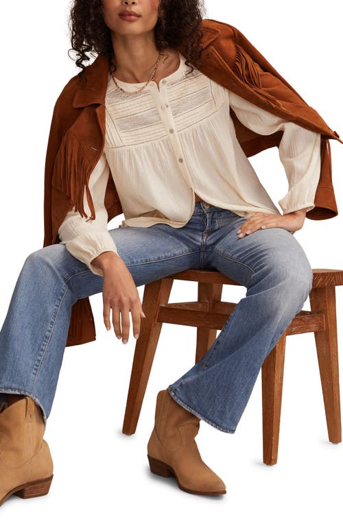 Lucky Brand Lace Inset Cotton Button-up Peasant Top In Neutral