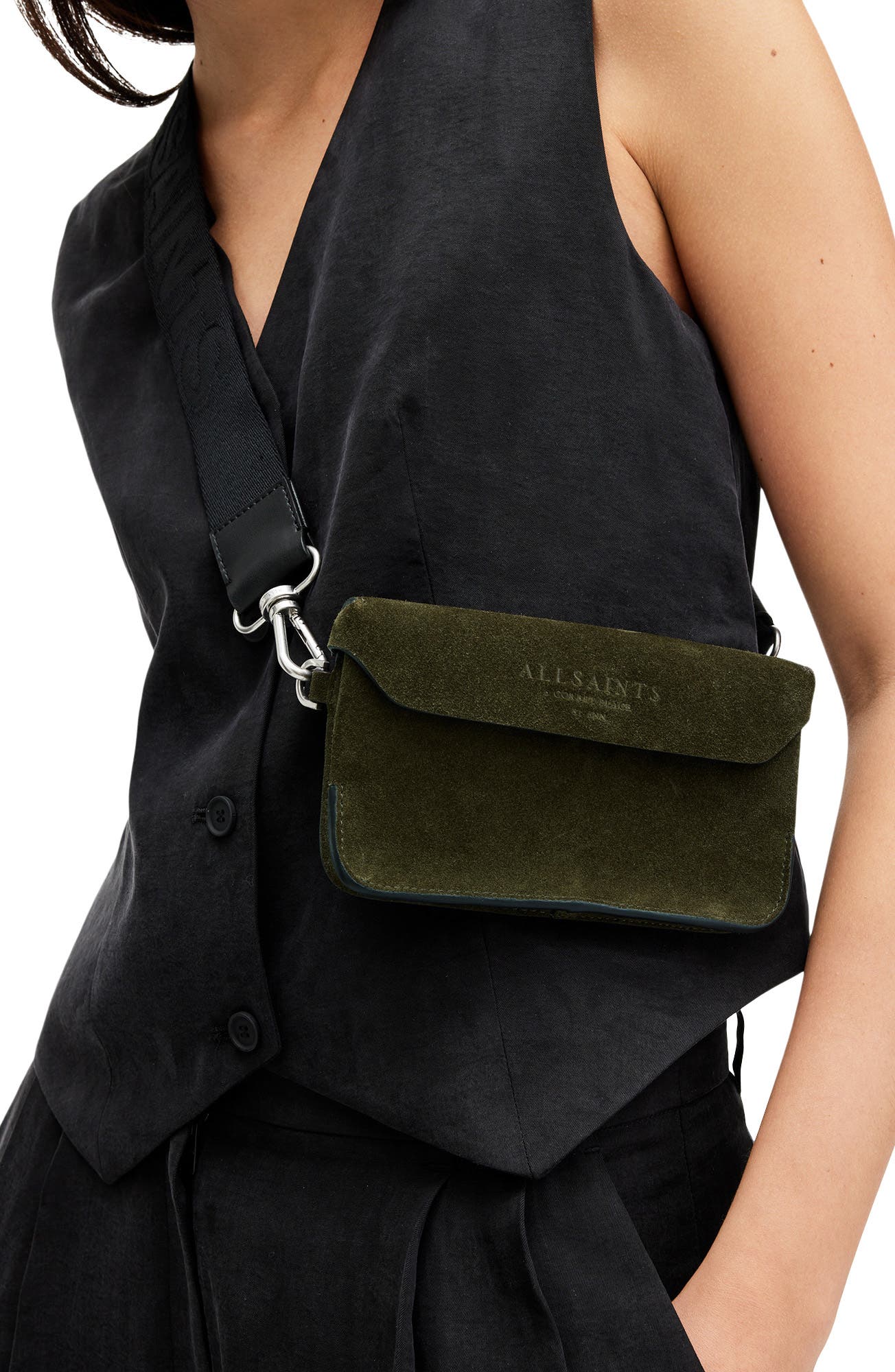 AllSaints Zoe Suede Crossbody Bag, Alternate, color, 