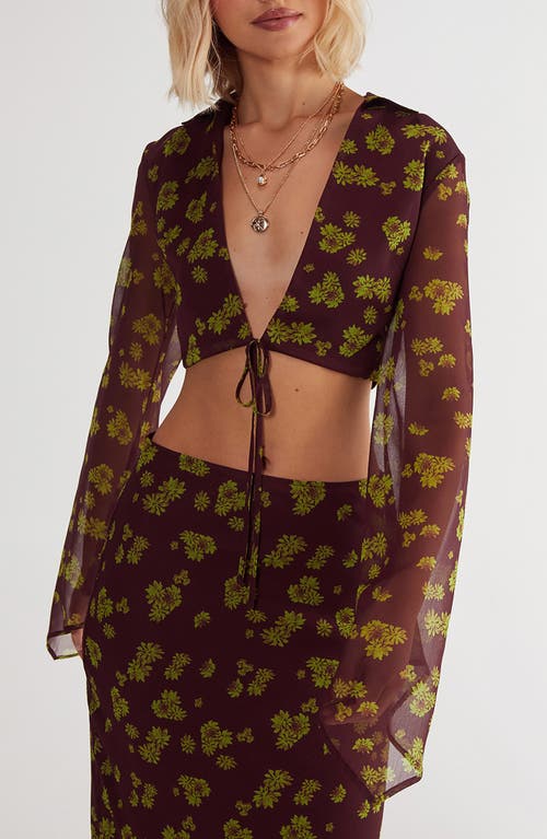 Nasty Gal Floral Tie Front Chiffon Crop Top In Chocolate
