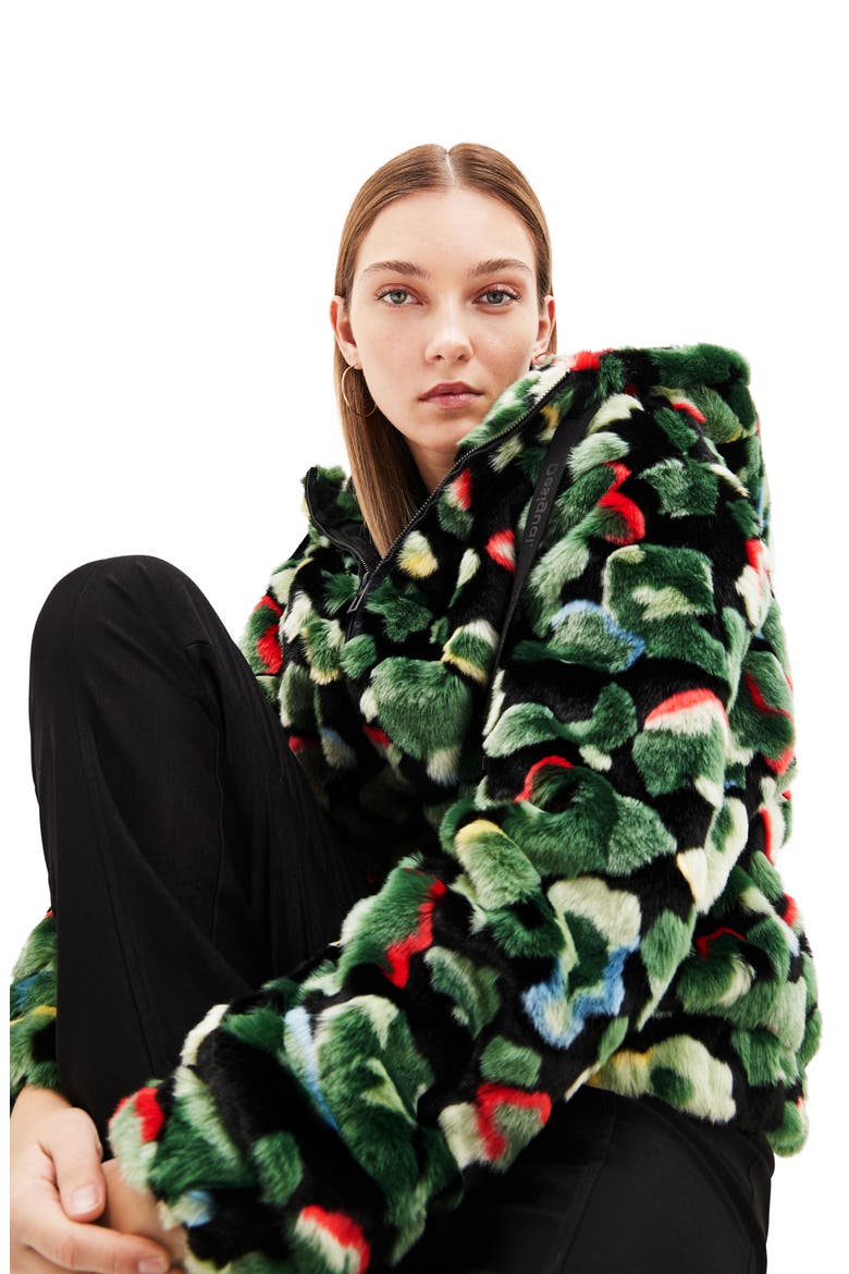 Calis Oversize Camo Faux Fur Jacket, Alternate, color, GREEN