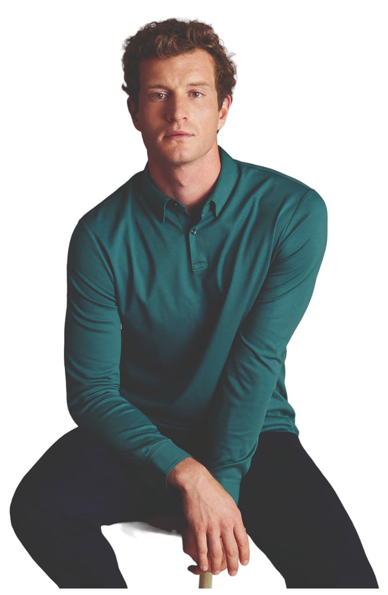 Charles Tyrwhitt Plain Long Sleeve Jersey Polo, Alternate, color, Teal Green