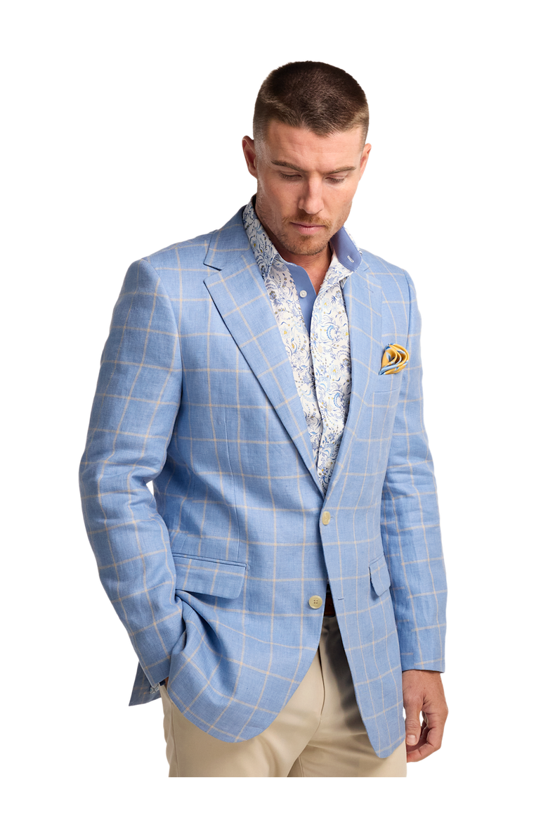 Linen Blend Windowpane Single Breasted Notch Lapel Sport Coat, Alternate, color, Blue/Yellow