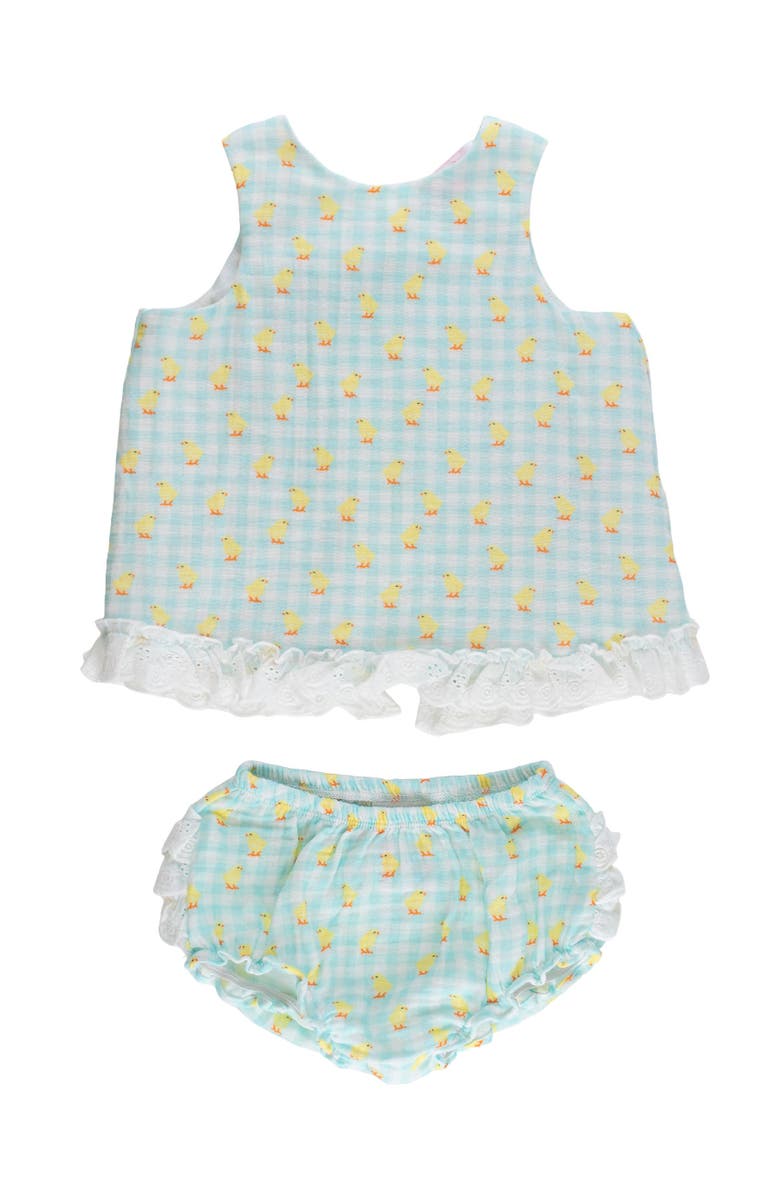 RuffleButts Cotton Gauze Swing Top and Bloomer Set, Main, color, Chirping Chicks Gingham