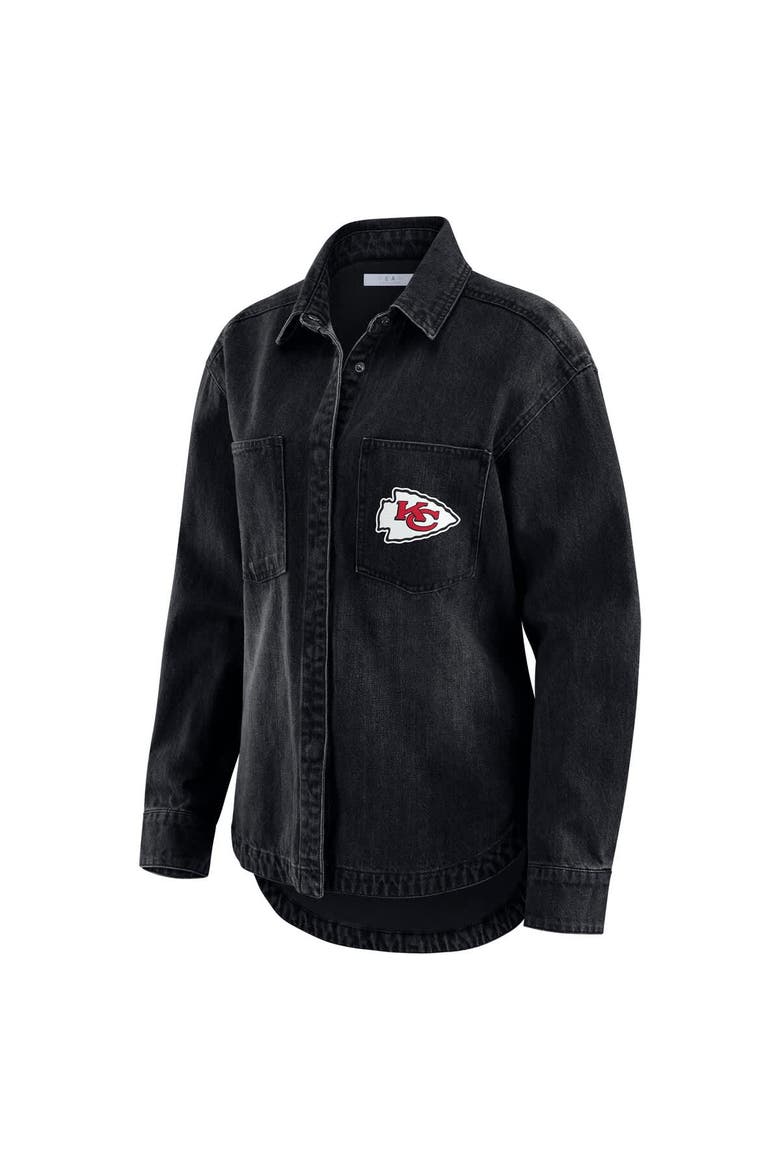 Women's WEAR by Erin Andrews Black Kansas City Chiefs Washed Oversized Denim Full-Snap Shacket, Alternate, color, Black