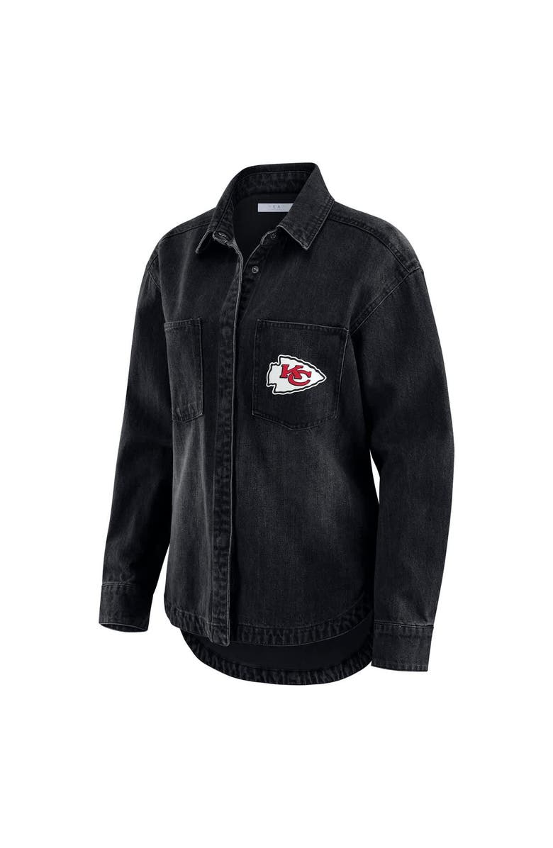WEAR by Erin Andrews Women's WEAR by Erin Andrews Black Kansas City Chiefs Washed Oversized Denim Full-Snap Shacket, Alternate, color, Black